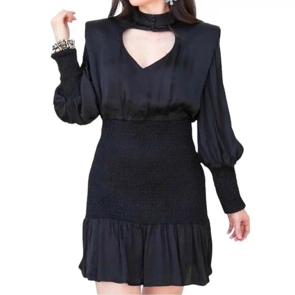 Farm Rio Black Heart Neckline Smocked Long Sleeve Mini Dress Size S - Picture 1 of 8